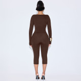 Irregular Slash Shoulder Long Sleeve Top and Solid Capri Two-Piece Set