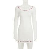 Women Bow Embroidered Long-Sleeved Backless Round Neck Bodycon Dress