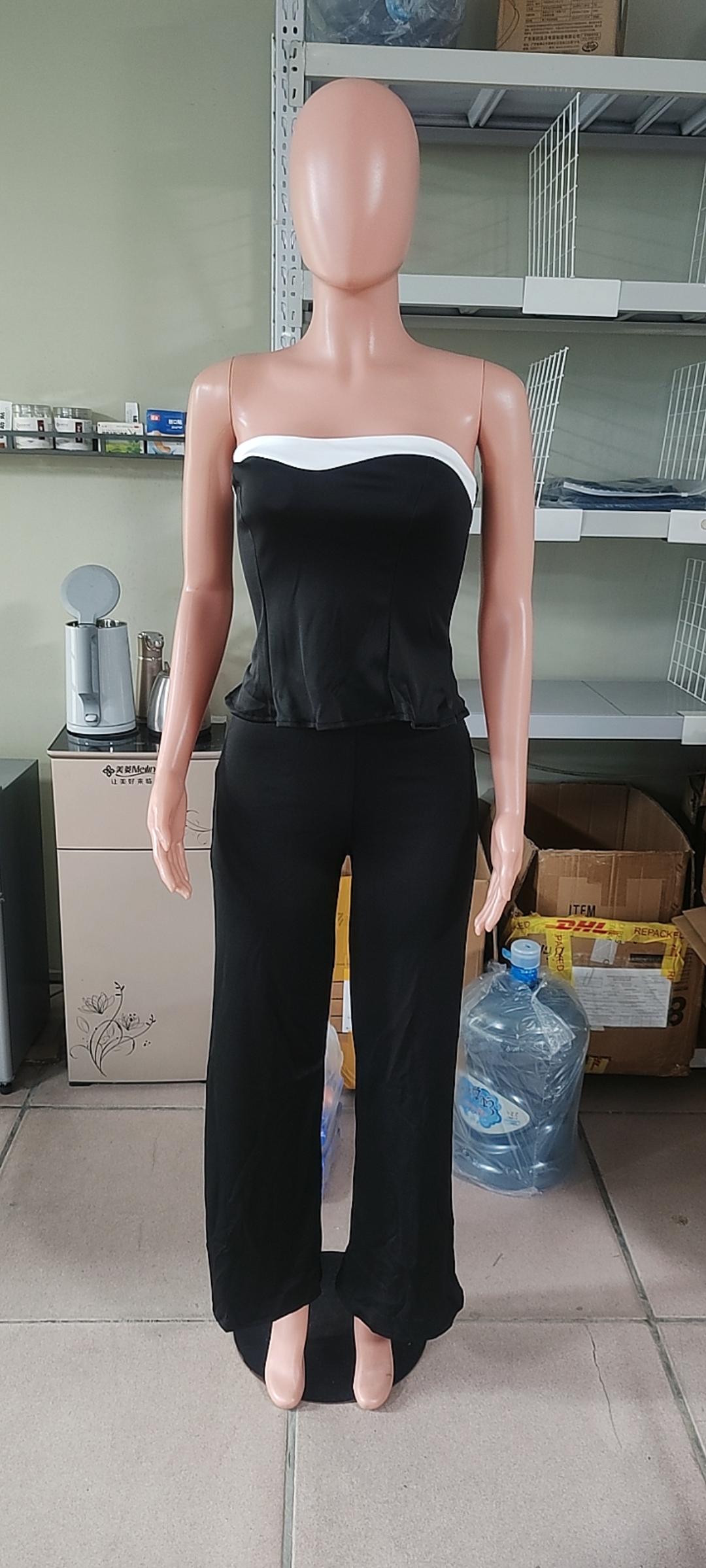 Women Summer Elegant Strapless Contrast Color Top and Pants Two Piece Set