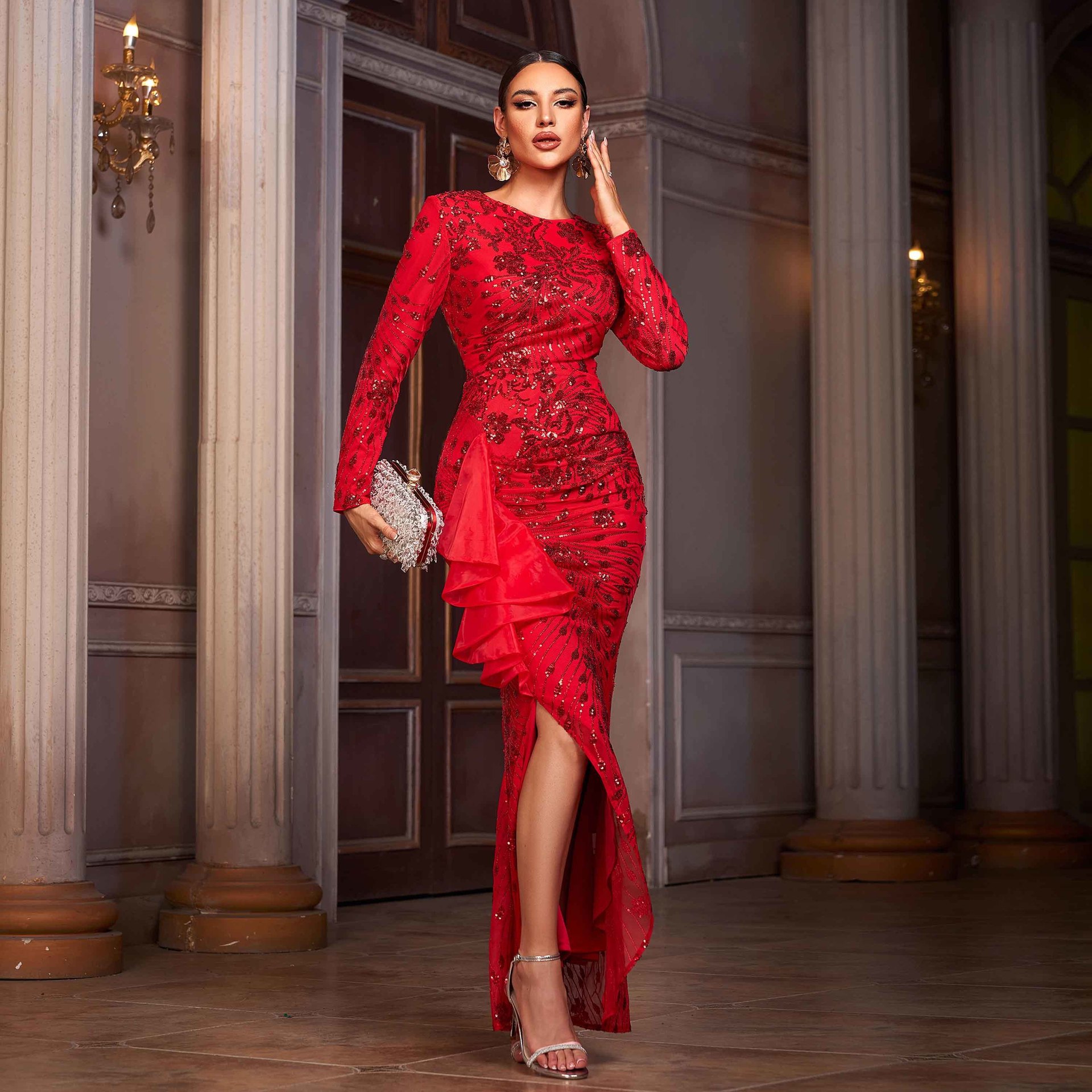 Women Long-Sleeved Round Neck Lace Formal Party Sequin Slit Evening Dress