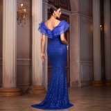 Women Sleeveless V-Neck Lace Formal Party Sequin Fishtail Evening Dress