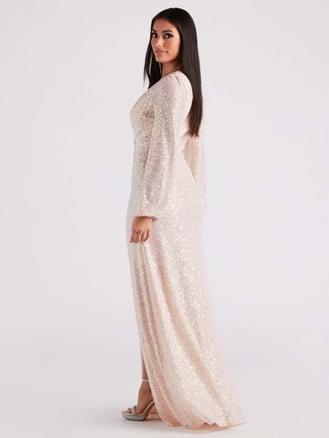 Women Spring/Summer Sequined Slit Long Sleeve Evening Dress