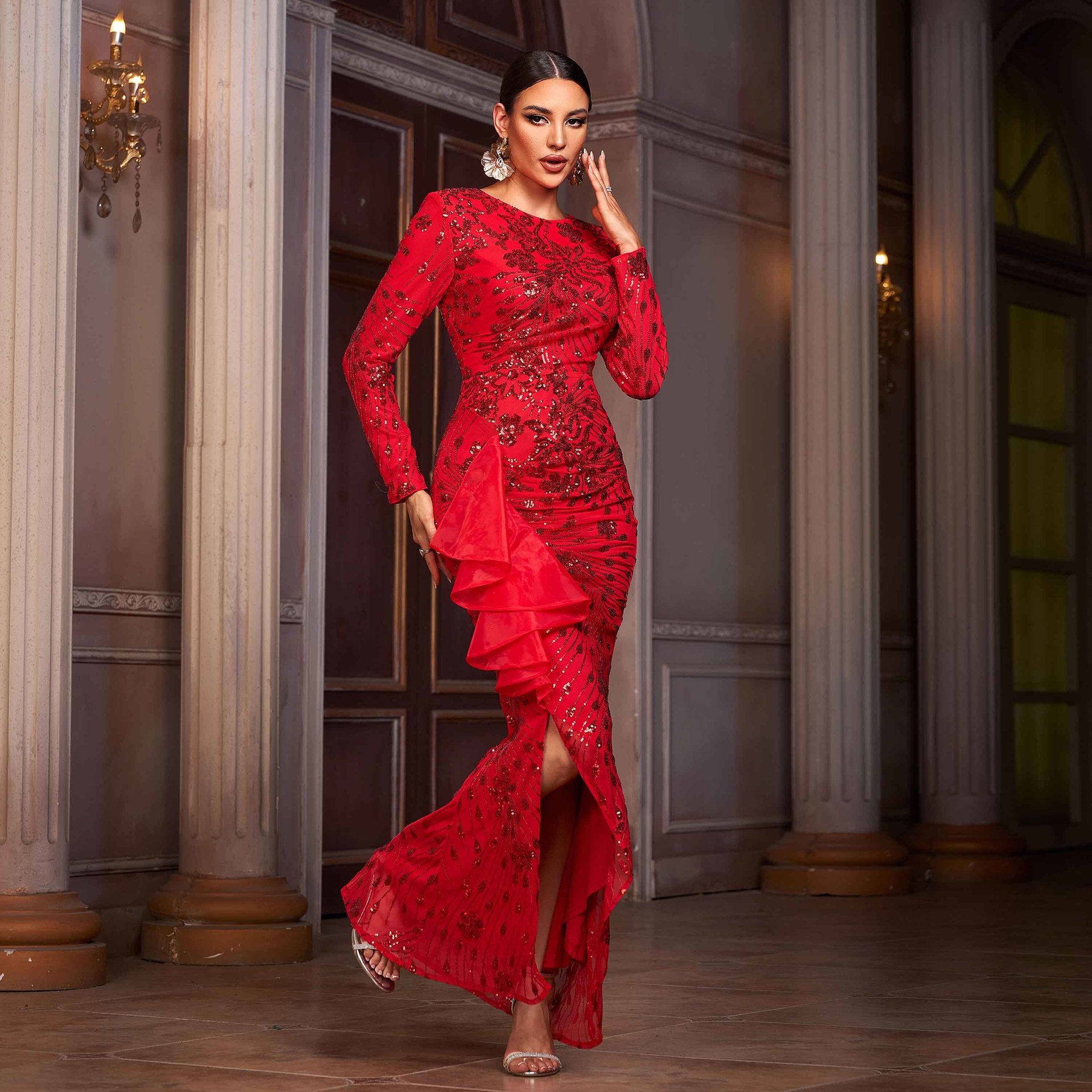 Women Long-Sleeved Round Neck Lace Formal Party Sequin Slit Evening Dress