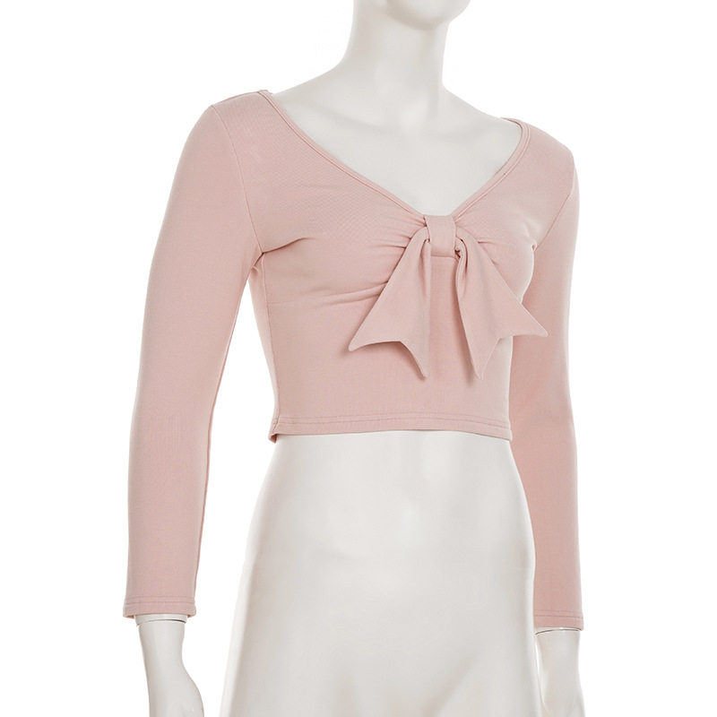 Women Casual Solid Bow Patchwork V-Neck Top and Bell Bottom Pants Two-Piece Set