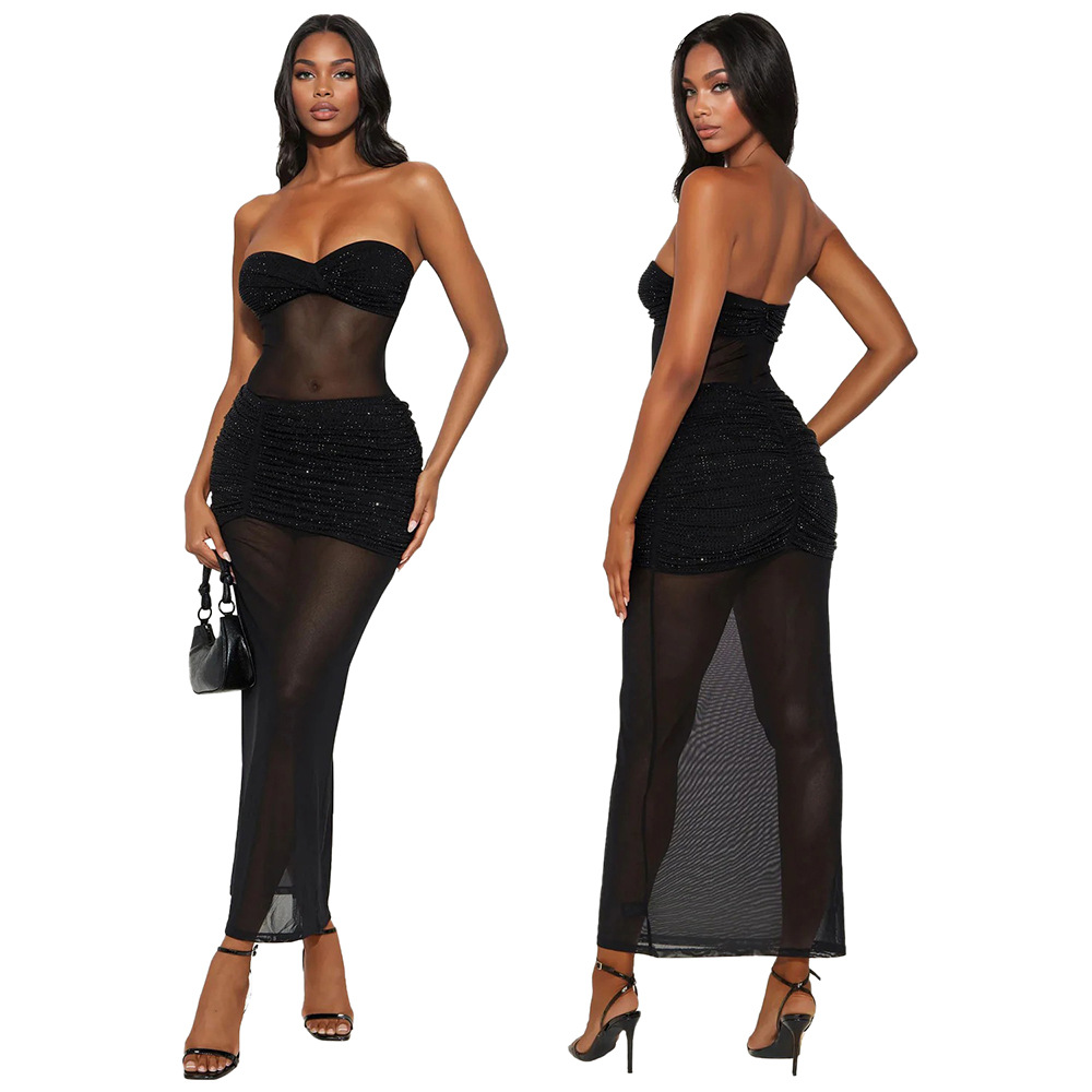 Strapless Milk Fiber Patchwork Mesh Beaded Party Bodycon Long Dress