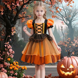 Girl's Halloween Party Witch Dress Orange Mesh Short-Sleeve Tutu Dress