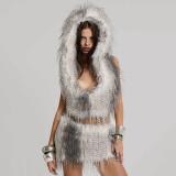 Women's Fall/Winter Halter Neck Hooded Deep V-Neck Fringe Adjustable Slim Waist Top T-Shirt