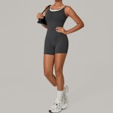 Fall Mesh Fake Two-Tone Color-Block Strappy Sport Jumpsuit One-Piece Yoga Suit Low Back Outdoor Fitness Romper
