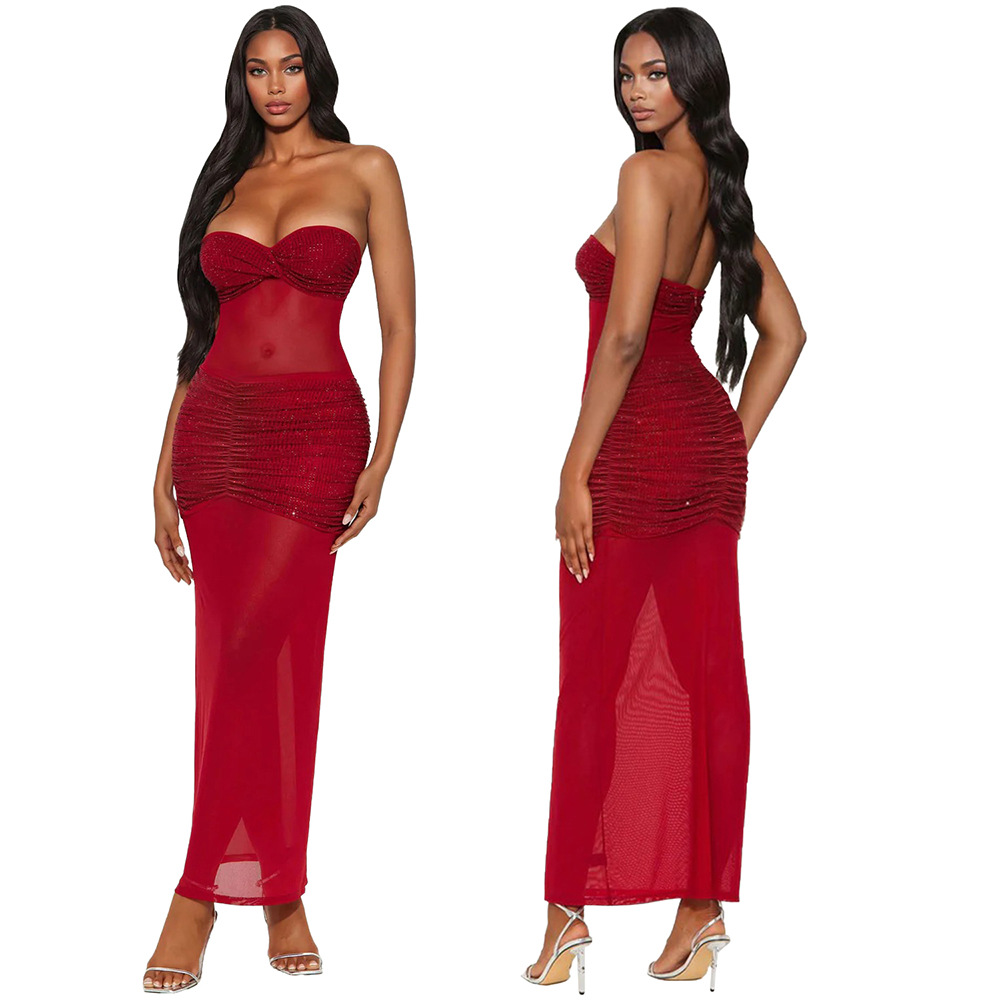 Strapless Milk Fiber Patchwork Mesh Beaded Party Bodycon Long Dress