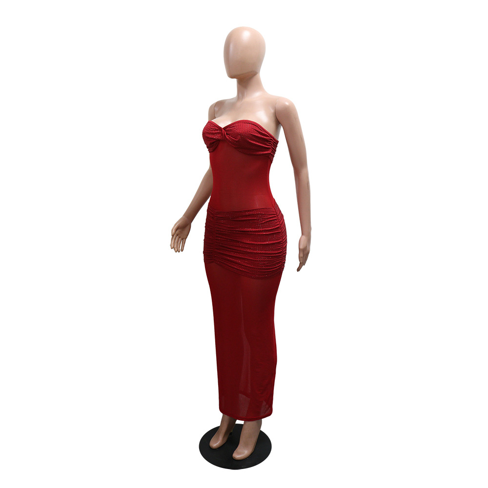 Strapless Milk Fiber Patchwork Mesh Beaded Party Bodycon Long Dress