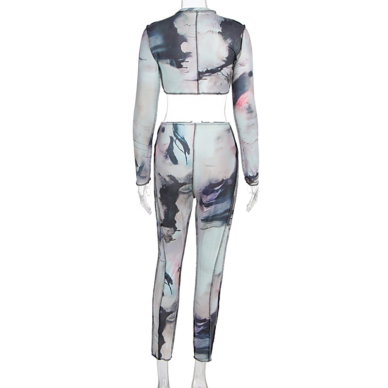 Women's Fall Sexy Round Neck Print Crop Top Tight Fitting Butt Lift Long Pants Set
