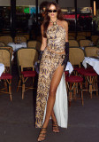 Women's Sexy Print Halter Neck Lace-Up Strapless Top with Slit Skirt Two-Piece Set