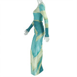 Career Women's Print Pleated Waist Tie Slim Fit Bodycon Round Neck Long-Sleeve Dress