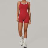Fall Mesh Fake Two-Tone Color-Block Strappy Sport Jumpsuit One-Piece Yoga Suit Low Back Outdoor Fitness Romper