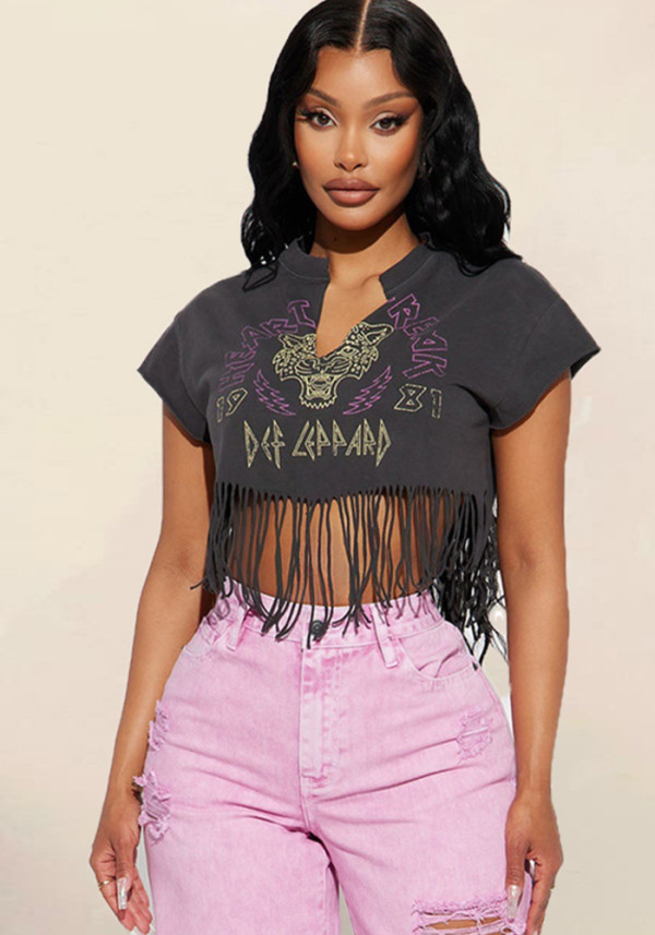 Women's Summer Print Fringe T-Shirt Top