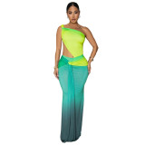 Fashion Women's Summer Sexy Slash Shoulder Bodycon Gradient Dress