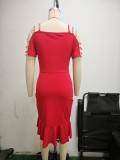 Summer Tight Fitting Ruffle Slit Pearl Decoration Women Dress