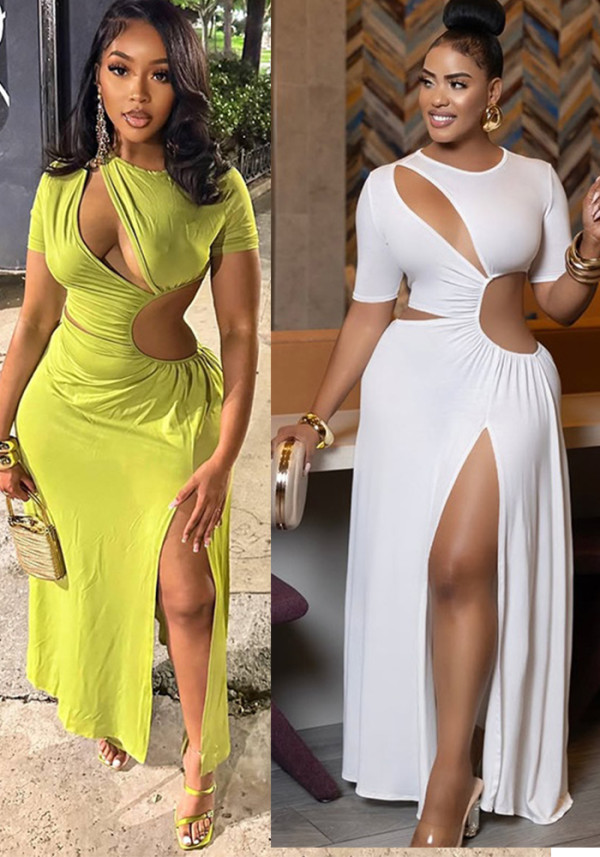 Chic Women's Fashion Cut-Out Slit Irregular Round Neck Solid Color Pleated Dress