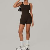Fall Mesh Fake Two-Tone Color-Block Strappy Sport Jumpsuit One-Piece Yoga Suit Low Back Outdoor Fitness Romper