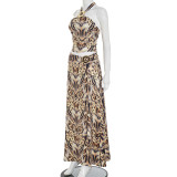 Women's Sexy Print Halter Neck Lace-Up Strapless Top with Slit Skirt Two-Piece Set