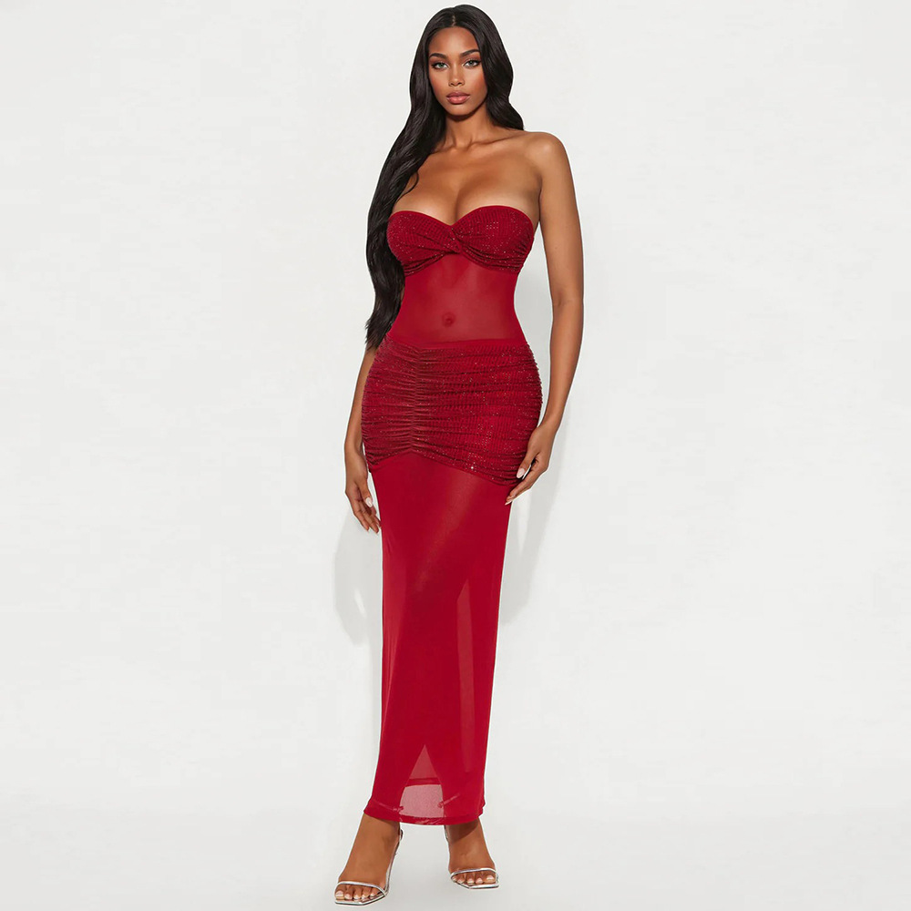 Strapless Milk Fiber Patchwork Mesh Beaded Party Bodycon Long Dress