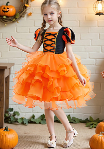 Halloween Children's Performance Costume Cosplay Outfit Girl's Bubble Sleeve Mesh Dress