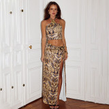 Women's Sexy Print Halter Neck Lace-Up Strapless Top with Slit Skirt Two-Piece Set