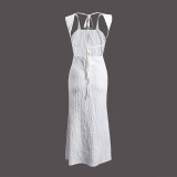 Striped Sexy Square Neck Strappy Low Back Long Dress