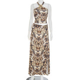 Women's Sexy Print Halter Neck Lace-Up Strapless Top with Slit Skirt Two-Piece Set