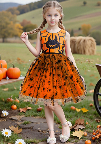 Halloween Tutu Puffy Dress Spider Pumpkin Web Mesh Skull Witch Dress Party Performance