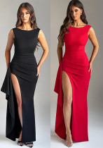 Summer Solid Color Sleeveless High Slit Sexy Low Back Dress for Women Slim Long Dress