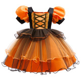 Girl's Halloween Party Witch Dress Orange Mesh Short-Sleeve Tutu Dress