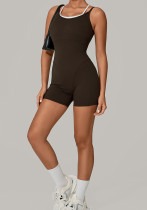 Fall Mesh Fake Two-Tone Color-Block Strappy Sport Jumpsuit One-Piece Yoga Suit Low Back Outdoor Fitness Romper