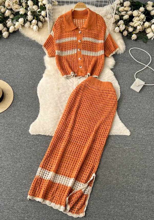 Spring/Summer Holidays Set for Women Turndown Collar Short-Sleeve Loose Top + Slit Skirt Two-Piece Set