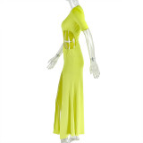 Chic Women's Fashion Cut-Out Slit Irregular Round Neck Solid Color Pleated Dress