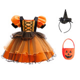 Girl's Halloween Party Witch Dress Orange Mesh Short-Sleeve Tutu Dress
