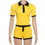 Summer Women's Short-Sleeve Turndown Collar Top with Bodycon Shorts Set