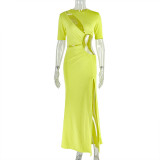 Chic Women's Fashion Cut-Out Slit Irregular Round Neck Solid Color Pleated Dress