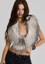 Women's Fall/Winter Halter Neck Hooded Deep V-Neck Fringe Adjustable Slim Waist Top T-Shirt