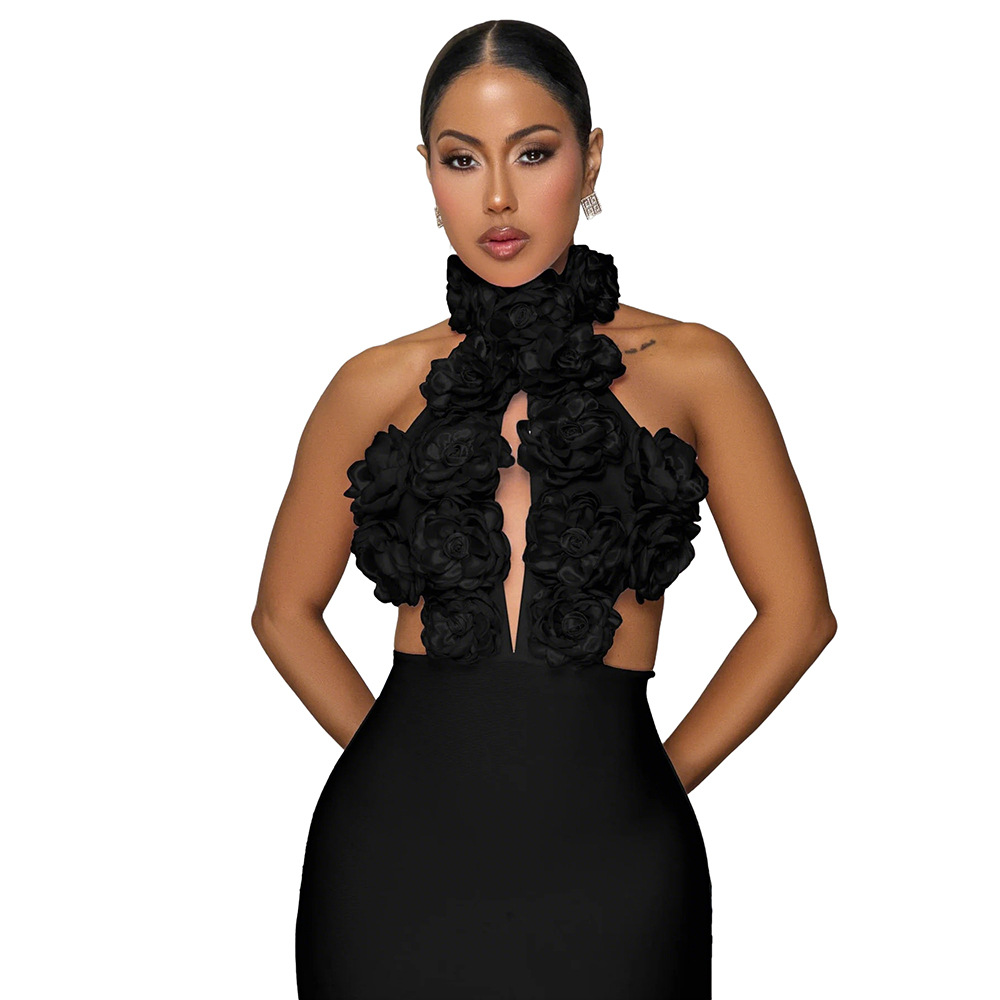 Sexy Halter Neck Large Floral Evening Gown Dress for Women