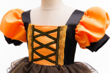 Girl's Halloween Party Witch Dress Orange Mesh Short-Sleeve Tutu Dress