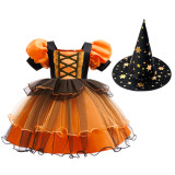 Girl's Halloween Party Witch Dress Orange Mesh Short-Sleeve Tutu Dress