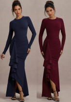 Long-Sleeve Thin Strap Slim Dress with Flounce for Fall and Winter