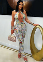 Women's Summer Sexy Tight Fitting Print Halter Neck Low Back Yoga Jumpsuit