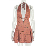 Print Polka Dot Women's Slim Waist Sexy A-Line Pleated Deep V-Neck Sleeveless Short Dress