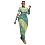 Career Women's Print Pleated Waist Tie Slim Fit Bodycon Round Neck Long-Sleeve Dress