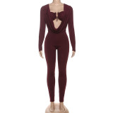 Summer Women's Fashion Sexy Draped Neck Slim Waist Bodycon Solid Color Jumpsuit