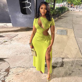 Chic Women's Fashion Cut-Out Slit Irregular Round Neck Solid Color Pleated Dress