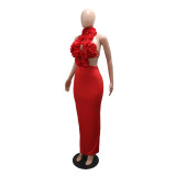 Sexy Halter Neck Large Floral Evening Gown Dress for Women