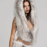 Women's Fall/Winter Halter Neck Hooded Deep V-Neck Fringe Adjustable Slim Waist Top T-Shirt